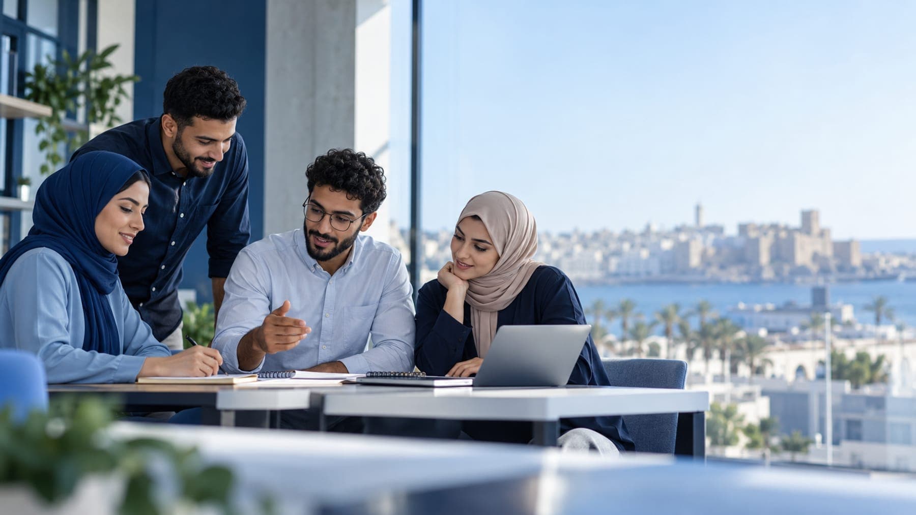 فريق عمل يتعاون في مكتب يطل على واجهة طرابلس البحرية